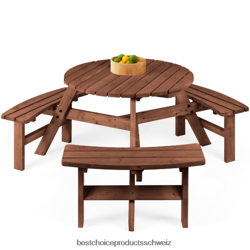 Best Choice Products Runder Picknicktisch aus Holz für 6 Personen mit Schirmloch, 3 Bänke Walnussbraun 2JD0221481 Best Choice Products Runder Picknicktisch aus Holz für 6 Personen mit Schirmloch, 3 Bänke Walnussbraun 2JD0221481