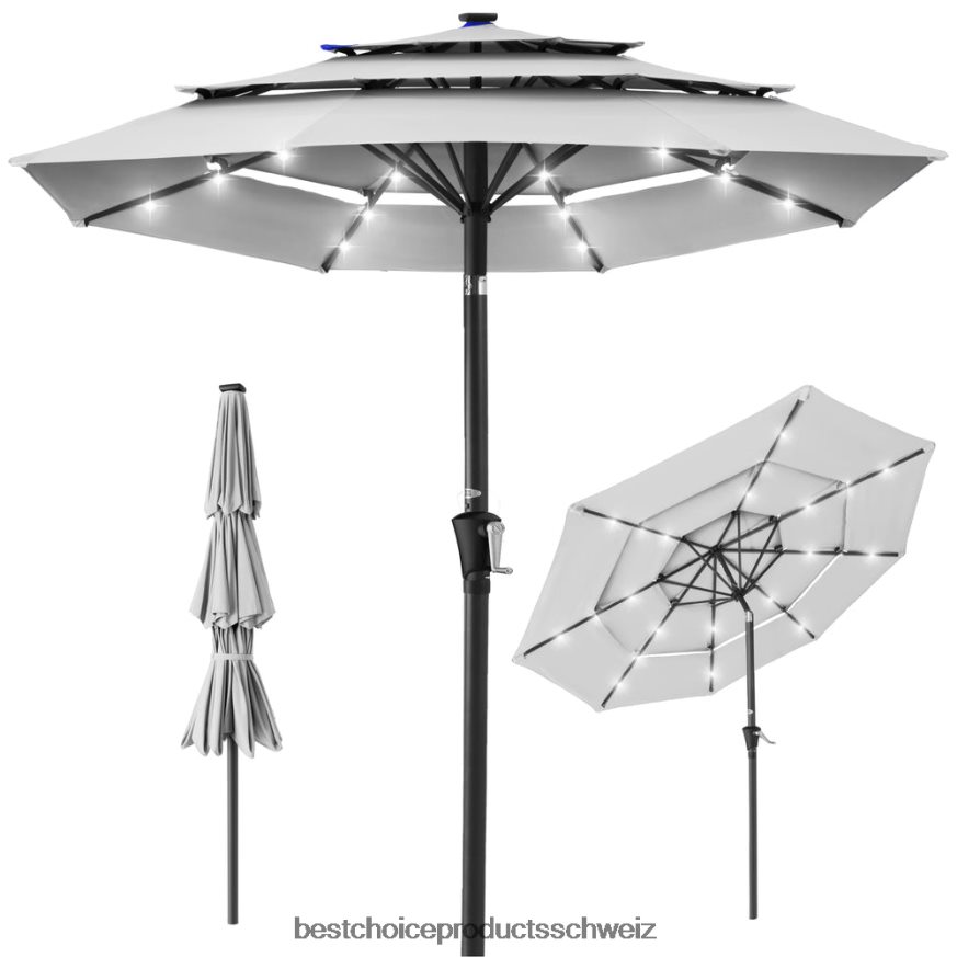 Best Choice Products 3-stufiger Solar-Terrassenschirm mit LED-Beleuchtung, Neigungsverstellung und Kurbel Nebelgrau 2JD0221478 Best Choice Products 3-stufiger Solar-Terrassenschirm mit LED-Beleuchtung, Neigungsverstellung und Kurbel Nebelgrau 2JD0221478